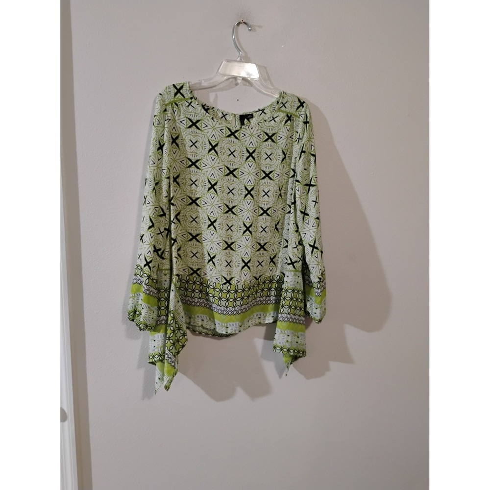 New Directions Lime Green Black Geometric Handkerchief Hem Blouse Large
